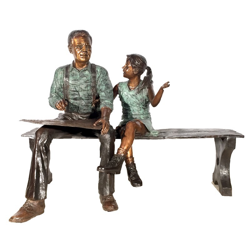Bronze Child and Grandfather Drawing Sculpture