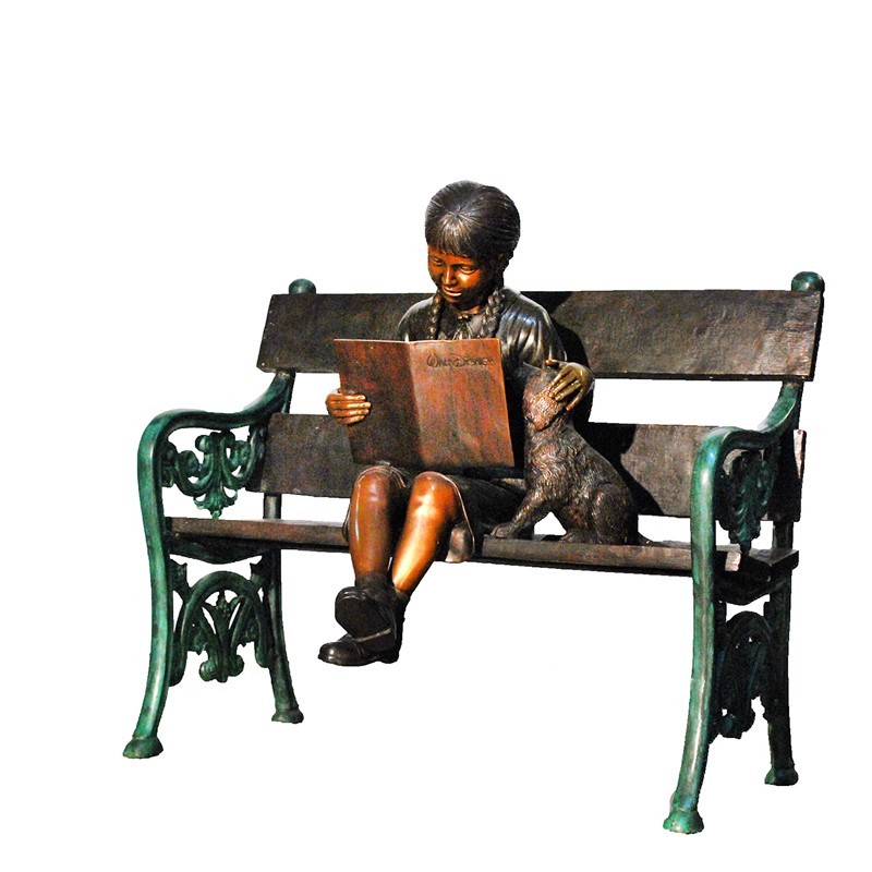 Bronze Girl with Dog on Bench Sculpture