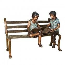 Bronze Boy & Girl Reading Books on Bench Sculpture