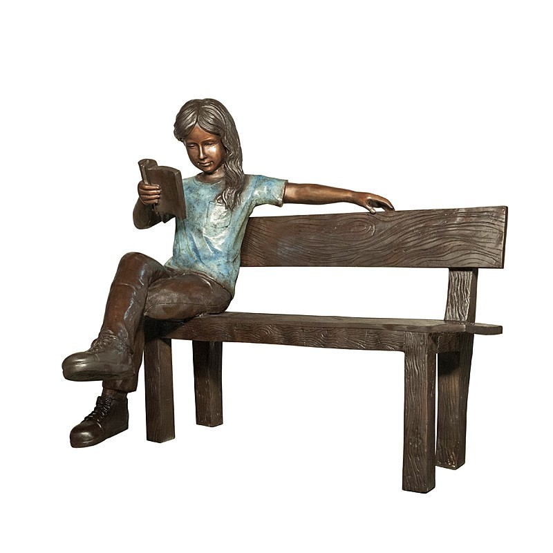Bronze Girl Reading Book on Bench Sculpture