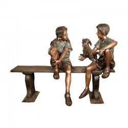 Bronze Boy & Girl with Dog on Bench Sculpture