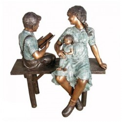 Bronze Mother with Children on Bench Sculpture