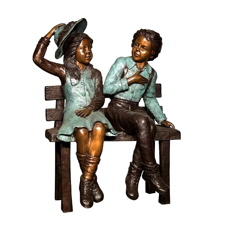 Bronze Children on Bench Sculpture