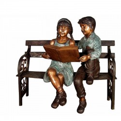 Bronze Children Reading on Bench Sculpture
