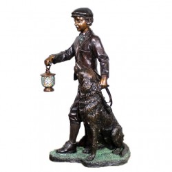 Bronze Man and Dog with Lighted Lantern Sculpture