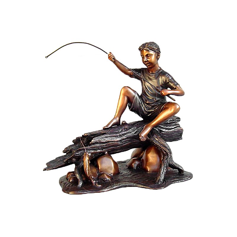 Bronze Table Top Boy Fishing on Log Sculpture