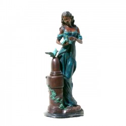 Bronze Table Top Girl with Bird Sculpture