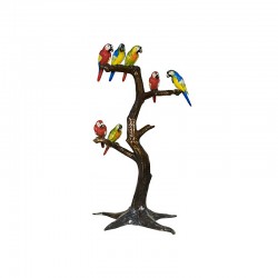 Bronze Seven Colorful Parrots in Tree Sculpture
