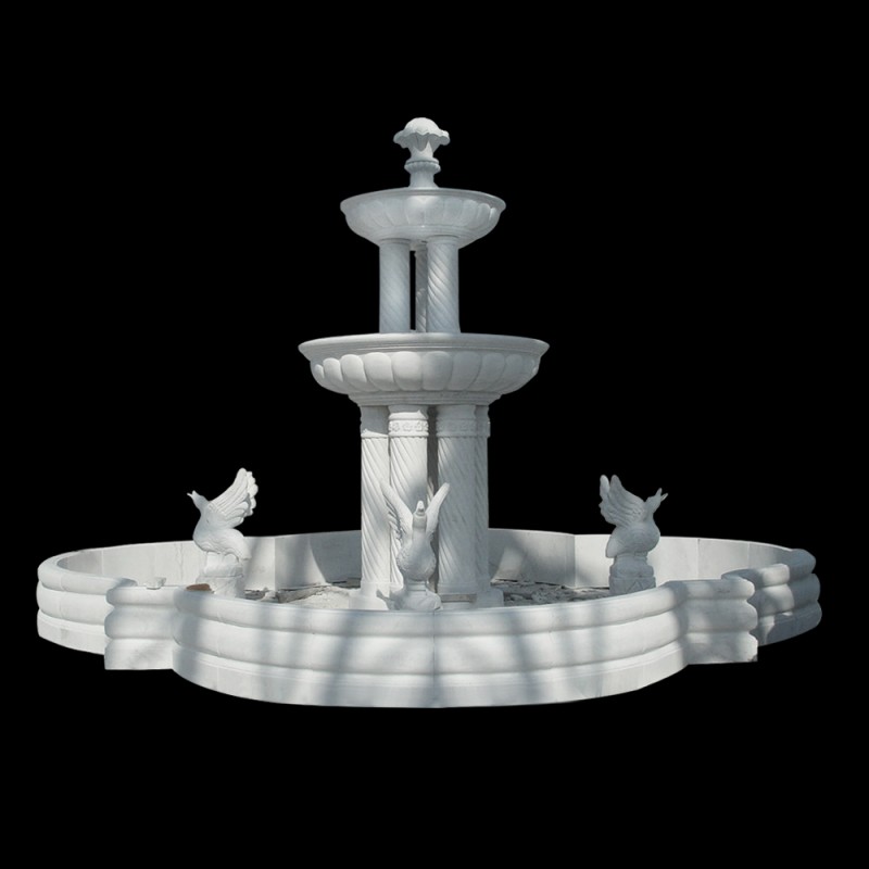 Marble Two Tier Column Fountain with Swans & Basin