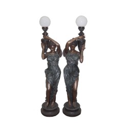 Bronze Lady holding Urn Torchiere Sculpture Pair (A)
