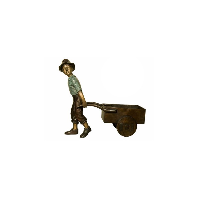 Bronze Boy pulling Wagon Sculpture (planter)