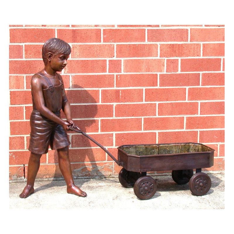 Bronze Boy pulling Wagon Planter Sculpture