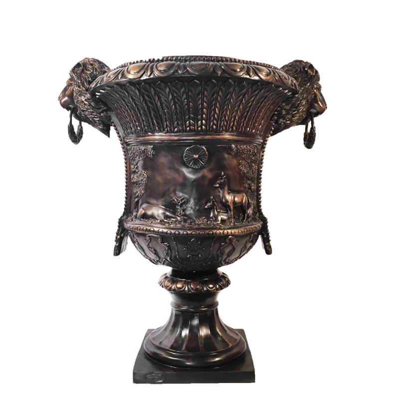 Bronze Lion Head Urn with Deer Family and Rings