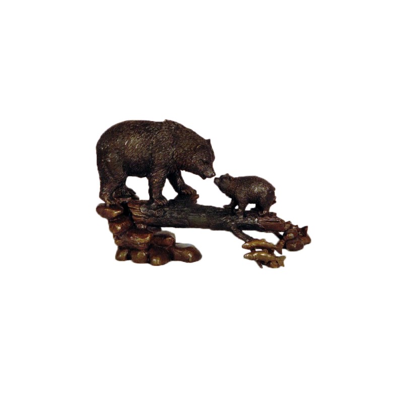 Bronze Bear & Cub on Log Table Top Sculpture