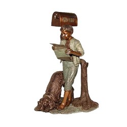 Bronze Boy & Dog Reading Newspaper Mailbox Sculpture