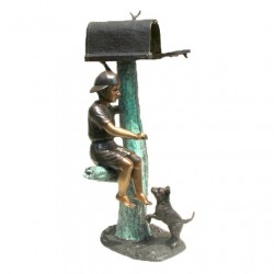 Bronze Boy Sitting with Dog Mailbox