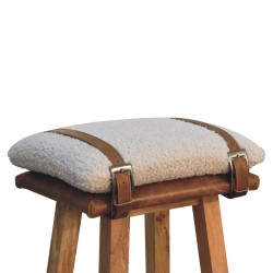 Boucle Cream and Buffalo Leather Strapped Bar Stool