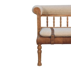 Boucle Cream and Buffalo Leather Strapped Hallway Bench
