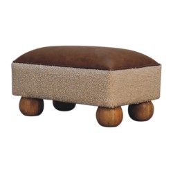 Tan Buffalo Leather Boucle Footstool with Ball Feet