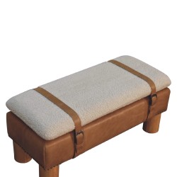 Tan Buffalo Leather Boucle Cream Strapped Cylindrical Bench