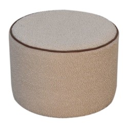 Boucle Round Footstool with Buffalo Leather Piping