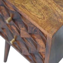 Mini Chestnut Cube Carved 2 Drawer Bedside / Accent Table