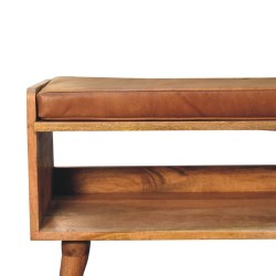 Oak-ish Bench with Brown Leather Seat Pad