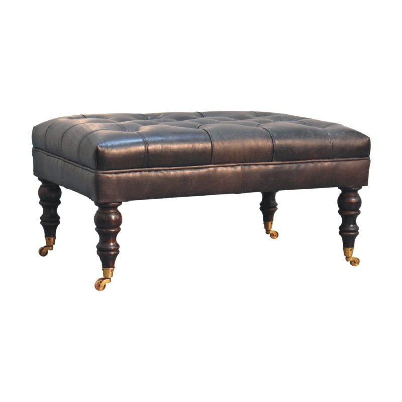 Buffalo Ash Black Leather Ottoman or Bench with Castor Legs